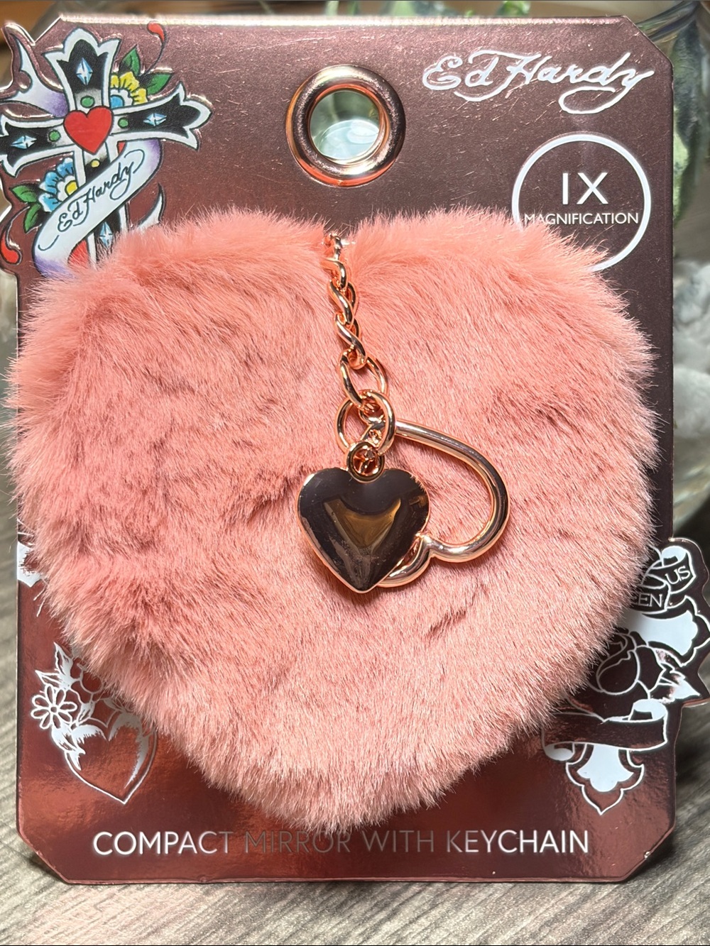 🪻5 for $35🪻 Ed Hardy Coral/Pink Heart Faux-Fur Compact Mirror Keychain